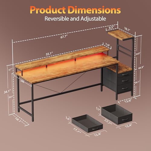Image of Mericonia 68 inch Gaming Desk with Drawers, Reversible Computer Desk, Brown