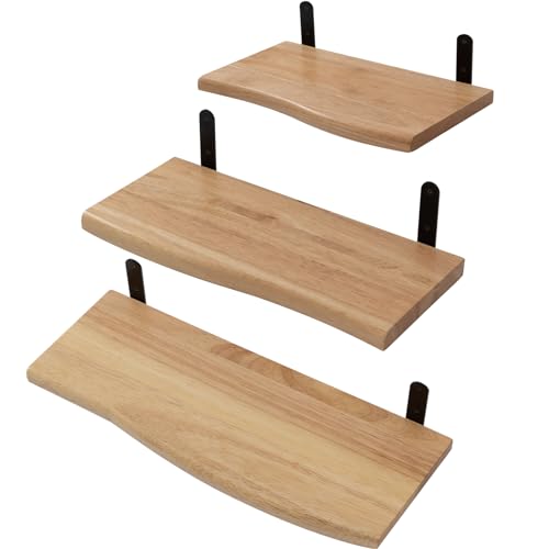 Gieanoo Oak Wall Shelves, Set of 3 Oak Floating Shelves Solid Timber Book Shelves Shelving for wall with Black L Brackets,for Bedroom,pantry Different Size 30cm/36cm/42cm Curved