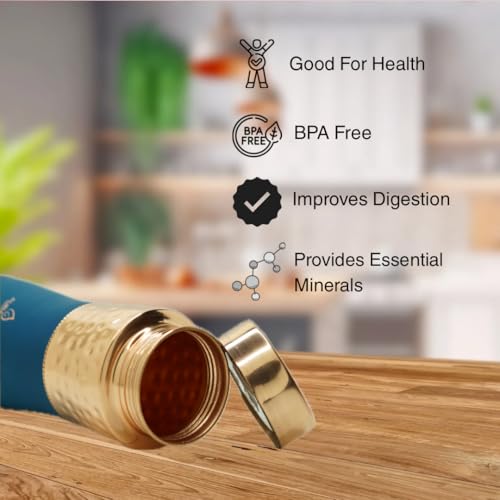 Image of Pure Copper Water Bottle 1 Litre | BPA Free & Leak Proof | Copper-Infused Water | Durable & Rust Proof | Ayurveda Health Benefits - Hammered Finish (Blue Grip Sleeve)