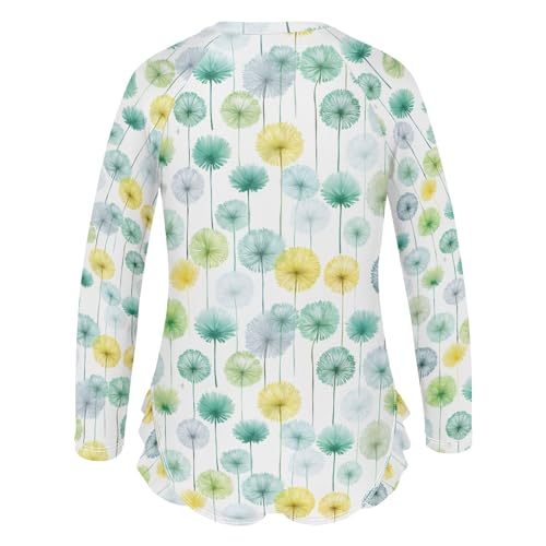 Watercolor Green Dandelion Pattern Girls One Piece Rash Guard Swimsuit, Girls Long Sleeve Swimwear for 3-12Y3