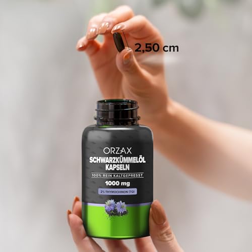 Orzax Schwarzkümmelöl Kapseln - 1000mg mit 20mg Thymochinon pro Tagesdosis (original Nigella sativa) - Türkisch - 90 Kapseln - naturbelassen, Kaltgepresst & Laborgeprüft