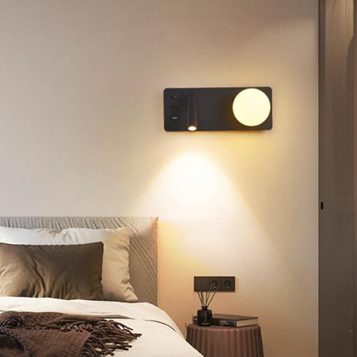 Aplique de pared circular negro izquierdo con puerto USB y luz cálida para dormitorio