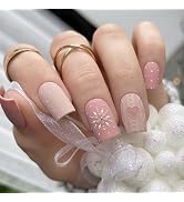 Medium Press on Nails Square Fake Nails with Heart Snowflake Designs Pink Nails Press ons Matte G...