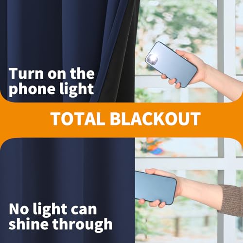 Image of YoungsTex 100% Blackout Curtains for Bedroom 63 Inches Long, Navy Blue Full Room Darkening Drapes Thermal Insulated for Living Room, 2 Panels, 60 X 63 Inch