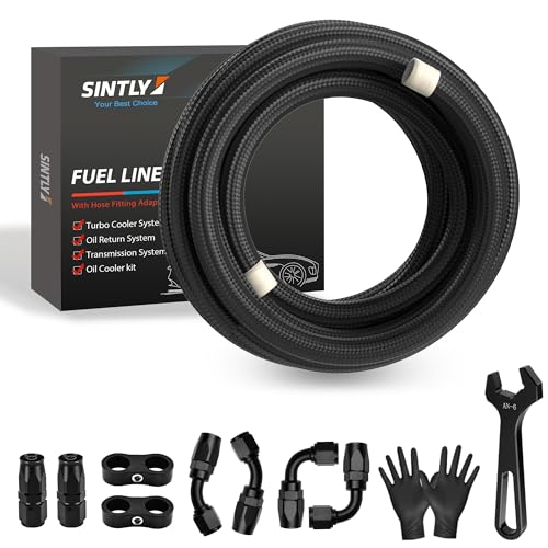 SINTLY 6AN 10FT PTFE Fuel Line Hose Kit 5/16 Inch AN6 E85 Nylon Braided Fuel Line with PTFE Fuel Hose Fitting Adapter Kit Black