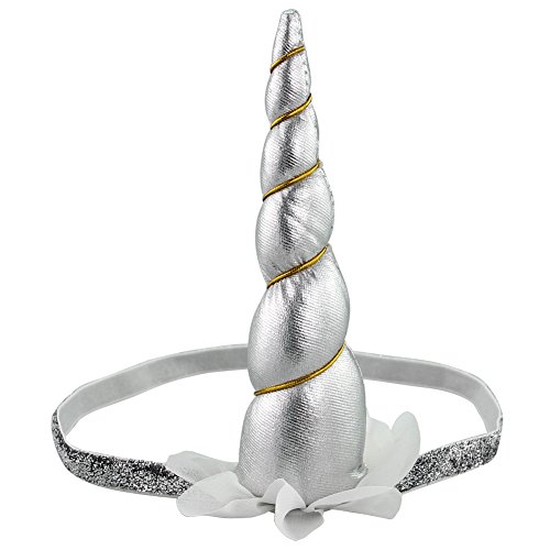 QtGirl Unicorn Headband Glitter Shiny Unicorn Horn Elastic Hairband for Girls Kids Adult Party Favor Cosplay Costume (Silver)