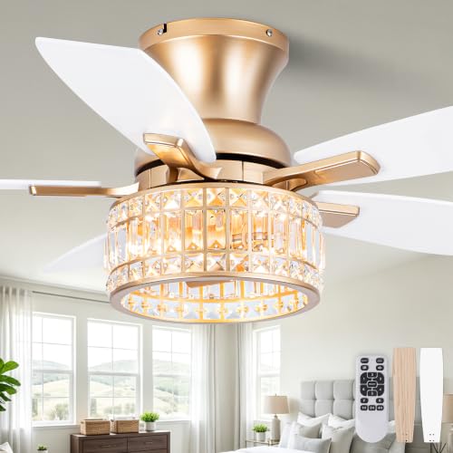 Image of 42 inch Flush Mount Crystal Ceiling Fan with Lights White and Gold