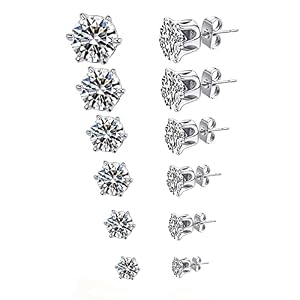 monochef 6 Pairs Stud Earrings Set, Hypoallergenic Clear Cubic Zirconia 316L Earrings Stainless Steel CZ Earrings for Women for Men 3-8mm, silver