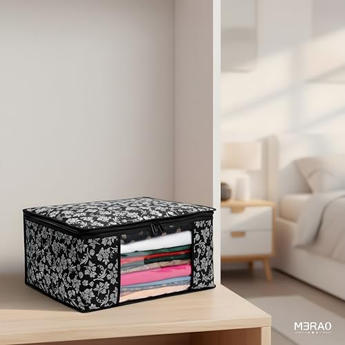 Image of Flower Printed Saree Covers for Cloth Storage & Wardrobe | Transparent Window, Zipper Closure | Black | Pack of 16 | Dustproof, Breathable, Travel & Home Use