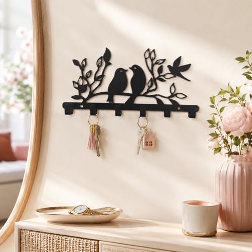 Image of Key Holder for Home, Metal Wall Mounted, 6 Hooks (Birds Desigh) | Cat Design, Includes Mounting Screws, For Home Use, 6 Hook Hanger, Metal Construction