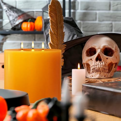 Image of Orange Extra Large Flameless Candles, 6 inchx6 inch Battery Operated Candles with Remote, Real Wax Flickering LED Candles with 3 Wicks for Fall, Thanksgiving, Harvest, Halloween Decor