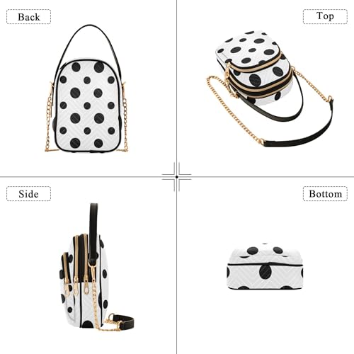 Women Shoulder Handbag Artistic Chain Strap Cell Phone Handbag Quilted Crossbody Clutch Zipper Tote Black Polka Dots White4