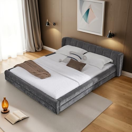 okwish Cama tapizada de 140 x 200 cm, cama doble con estructura de cama y somier, adecuada para niños, adolescentes y adultos, carga máxima de 250 kg, sin colchón, chenilla, gris oscuro