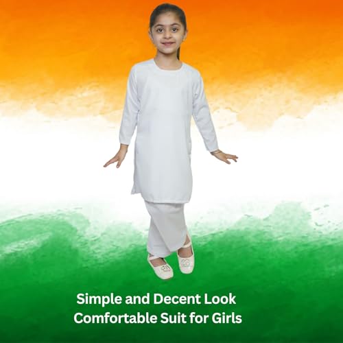 Image of Kaku Fancy Dresses Indian Wear Salwar Kameez Costume for Independence Day /Republic Day | Tri Color Dupatta Stole Pompom Set for Girls