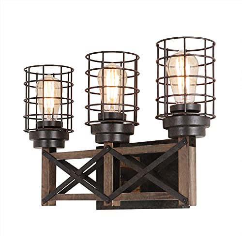Eumyviv Industrial 3 Lights Bathroom Wood Vanity Light, 19.7"L Farmhouse Metal Wire Cage Rustic Wall Sconces Vintage Edison Wall Lamp Light Fixture, Black and Brown(W0069)