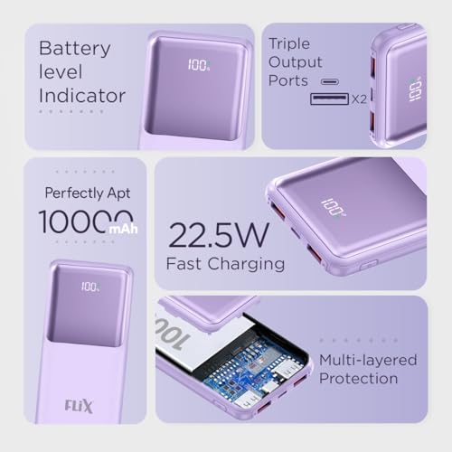 Image of FLiX UltraCharge P115 10000mAh 22.5W QC Power Delivery PPS Power Bank, Tripple Output, Dual Input Type C & B, Percentage LED Indicator, Compatible iPhone, Samsung, Google (XPB-P115)(Purple)
