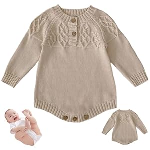 Baby Girl Romper, 73cm/28.7inch Long Sleeve Knitted Jumpsuit with Button Closure, Baby Boy Romper for Baby Boys Girls