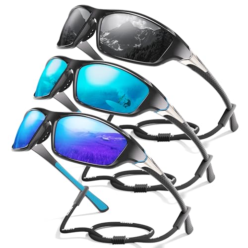 3 Pack Polarized Sports Sunglasses for Men, Mens Sunglasses Wrap Around UV Protection for Cycling Fishing Driving A03-grey/Ice Blue/Dark Blue