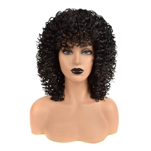 Perruque bouclée noire naturelle avec frange pour femme