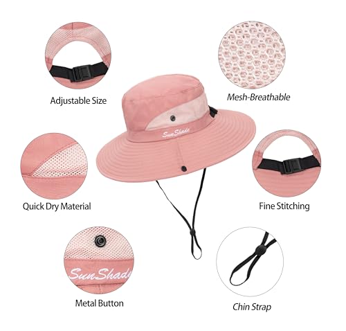 Women's Outdoor UV-Protection-Foldable Sun-Hats Mesh Wide-Brim Beach Fishing Hat with Ponytail-Hole