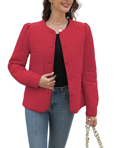 Women's Quilted Puffer Jackets Long Sleeve Button Down Outfits Cropped Lightweight Winter Coats
