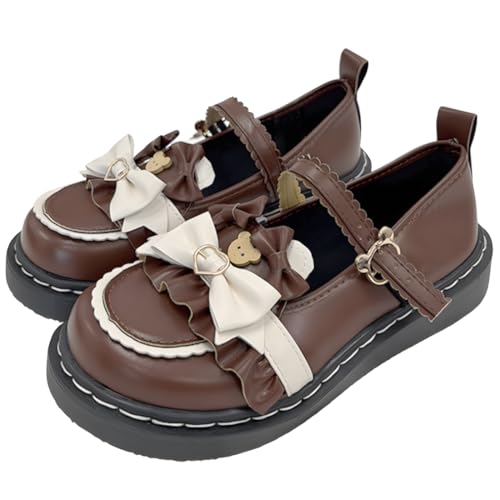 Lolita Kawaii Gothic Y2K Round Toe Low Platform Bear Element Decor Bows Lace Trim Mary Jane Flats