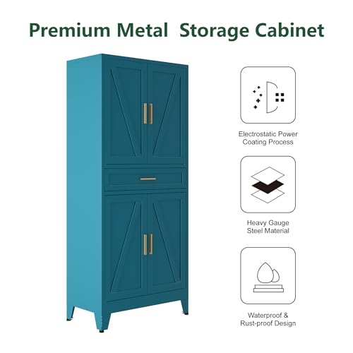 Image of Bevivog Tall Storage Cabinet with Drawers, Metal Pantry Cabinets with Doors and Shelves, 71 inch Bookshelf with 4 Doors, Freestanding Cupboard for Kitchen /Pantry /Living Room /Laundry