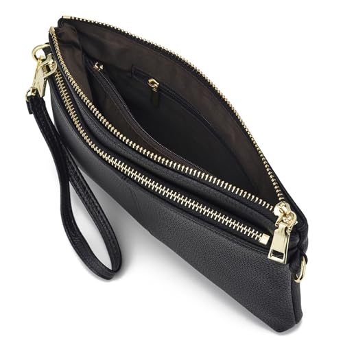 ZOUIQSS Kleine Dreifach Reißverschluss Umhängetasche Leichte Handtaschen Geldbörse Vegan Kunstleder Handgelenkstasche,Inklusive verstellbarer Schulter(Black(LZ))