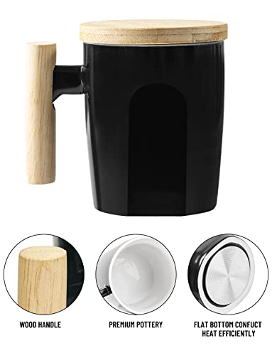 Howay Flat Bottom Mug With Wood Lid, Ceramic Tea Cup For Coffee Warmer, Flat Bottomed, Wooden Handle, 14Oz #TOP1