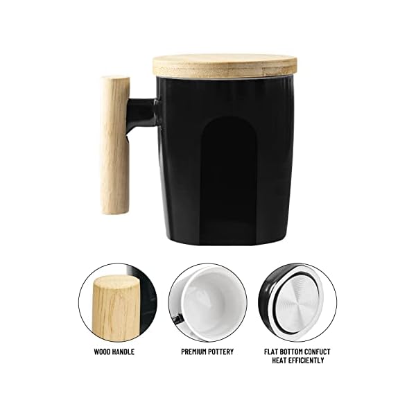 HOWAY Flat Bottom Mug with Wood Lid, Ceramic Tea Cup for Coffee Warmer