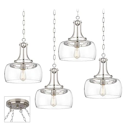 Franklin Iron Works Charleston Brushed Nickel Swag Pendant Chandelier Farmhouse Industrial Rustic Clear Glass 4-Light Fixture for Dining Room Living House Home Foyer Kitchen Island Entryway Bedroom