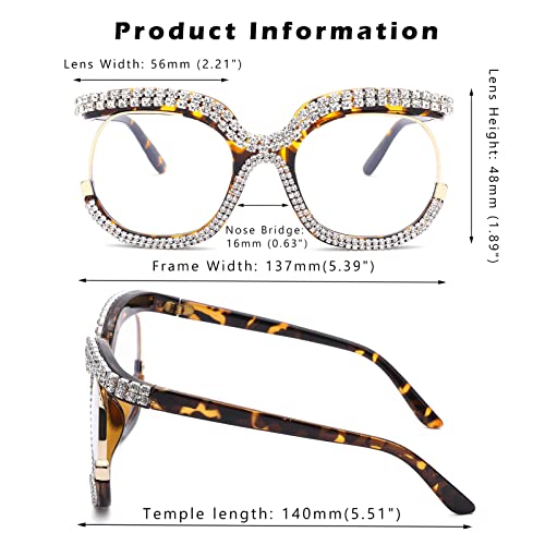 Coasion Blue Light Blocking Oversized Glasses Stylish Fake Eyeglasses For Women Round Frame With Clear Lens Eyewear (Leopard - Diamon) #TOP4