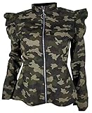 Kedera Women Camo Denim Jacket Blazers Long Sleeve Zip Ruffle Shoulder Jean Jackets Peplum Coat Plus Size (XX-Large, Green)