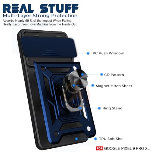 Image of Armor Bumper Back Cover Case for Google Pixel 9 Pro XL Rotating Camera Cover, Ring Holder & Kickstand | Heavy Duty & 360 Degree Protection Google Pixel 9 Pro XL Back Cover (Blue)