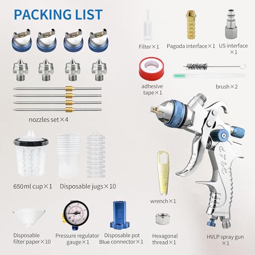 Image of HVLP Gravity Fed Air Spray Gun with 1.4 /1.7 /2.0 /2.5 mm Nozzles and 650cc Mixing Cups, Sprayer Paint Gun for Automotive Refinishing and Home Wall Finishing Applications (Blue)