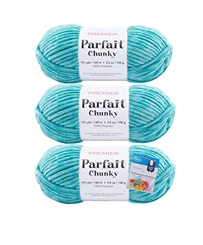 Image of Premier Yarns Parfait Chunky Chenille Yarn 3.5 Oz 6 Super Bulky Weight 3 Pack Bundle with Bella's Stitch Place Holders (Lagoon)