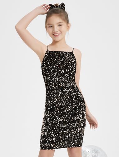 EXARUS Girls Sequin Spaghetti Strap Bodycon Dress Teen Sparkle Pencil Party Mini Special Occasion Birthday Velvet Dress4