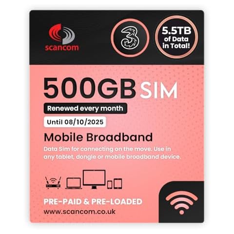 Three 500GB 5G Data SIM - Monthly Renewal Cover
