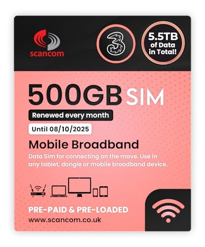 Three 500GB 5G Data SIM - Preloaded EVERY MONTH from now until 8th October 2025 - Perfect For Wifi Routers, Tablets & Phones - Optimised Business Grade Data