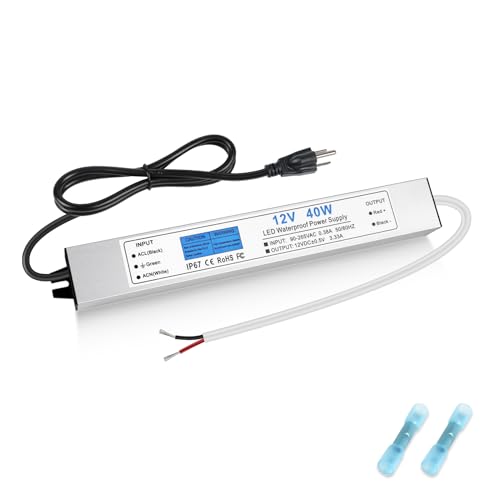 Image of LED Driver 40 Watts, IP67 Waterproof 12V Power Supply, AC 90-265V to DC 12V 3.33A Low Voltage Transformer with 3-Prong Plug 3.28ft Cable for LED Lights, Computer Project, Outdoor Use
