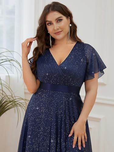 Image of Ever-Pretty Plus Women's Glitter Formal Dress Evening Gown for Gala V-Neck Short Sleeve Floor Length Plus Size Prom Dresses