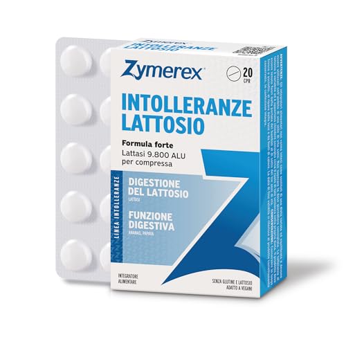 Zymerex Intolleranze Lattosio 20 compresse | Integratore alimentare | Digestione lattosio | A base di enzimi | Ananas e papaya | Senza glutine e lattosio