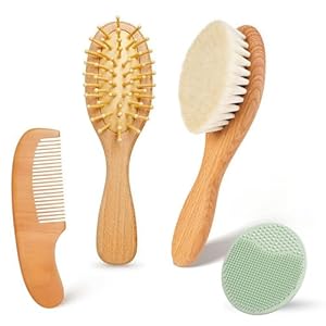 Baby Hair Brush and Comb Set – 4Pcs Toddler Hair Brush with Soft Bristles, Natural Wooden Handle Baby Grooming Kit for Newborns, Baby Essentials, Cradle Cap Brush