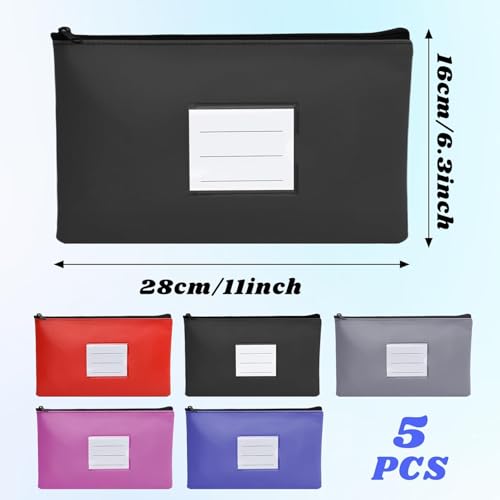 5 Pcs Dokumentenmappe A5, Geldtasche Banktasche Leder Wasserdicht, Dokumententasche A5 mit Reißverschluss und Fenster, Geldscheine Aufbewahrung, Geldmappe Schule Business, Schwarz