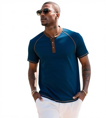 UOUA Mens Short Sleeve Henley Shirts Casual Comfortable Cotton T-Shirt Raglan Sleeve Summer Vintage Button Tops4