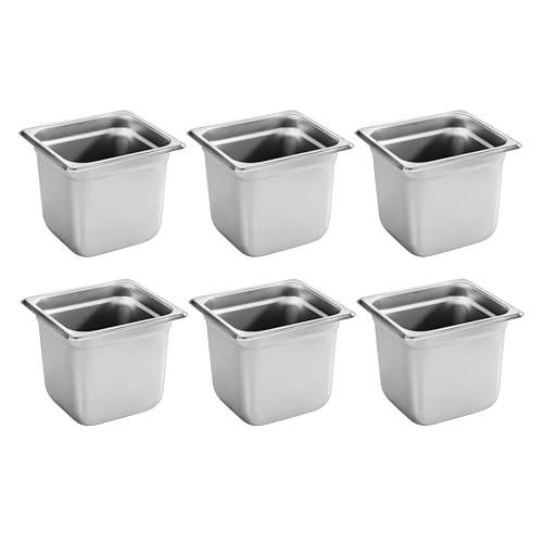 New Star Foodservice 1/6 Size Stainless Steel Steam Table Pan, 7.0 x 6.4 x 6.0 Inches, 18/8 Stainless Steel, 24 Gauge, NSF Certified (Set of 6)