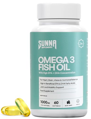 SUNNA SUPPLEMENTS Halal Omega 3 Fish Oil 2000mg with 660mg EPA and 440mg DHA per Daily Serving | Supports Heart, Brain and Joint Health, Easy-to-Swallow 60 Softgels