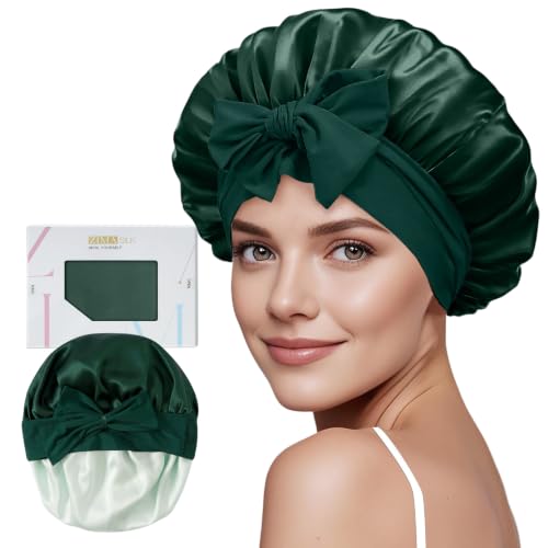 ZIMASILK 100% Pure Silk Bonnet for Sleeping Women Long Hair, Blackish Green