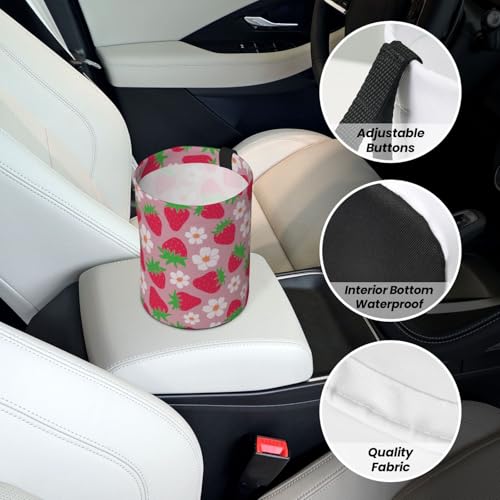 Image of Car Garbage Bag Pink Strawberry and Floral Mini Car Trash Bin Portable Collapsible Waterproof Rubbish Bag for Car Accessories Back Front Seat Cup Holder