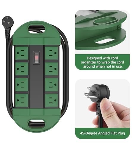 Image of CCCEI 2 Outdoor Power Strips Weatherproof with 8 Plug, Waterproof Extension Cord with Multiple Outlets, Christmas Exterior Garden Yard Surge Protector 15FT, Green.